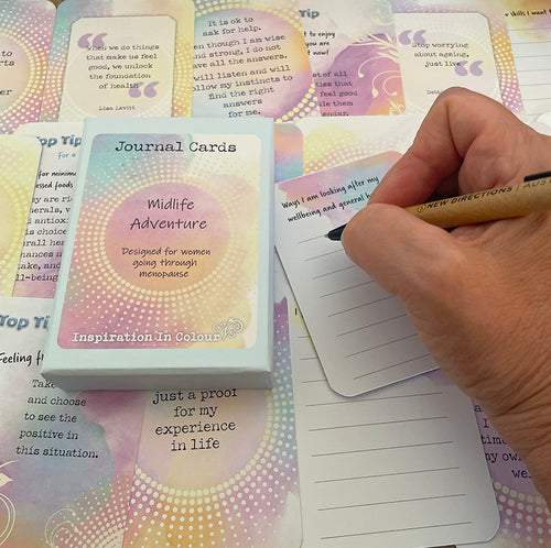 A new way of journaling-  Midlife Adventure journal cards for women with inspiring quotes and guiding questions. 
