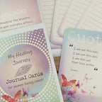 My Healing Journey Journal Cards – deck box with reminder and quote cards fanned out, including "I am not this hair, I am not this skin, I am the soul that lives within," Rumi, alongside blank lined journal cards.