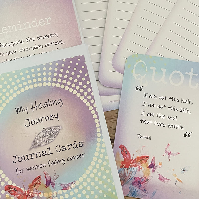 My Healing Journey Journal Cards – deck box with reminder and quote cards fanned out, including "I am not this hair, I am not this skin, I am the soul that lives within," Rumi, alongside blank lined journal cards.